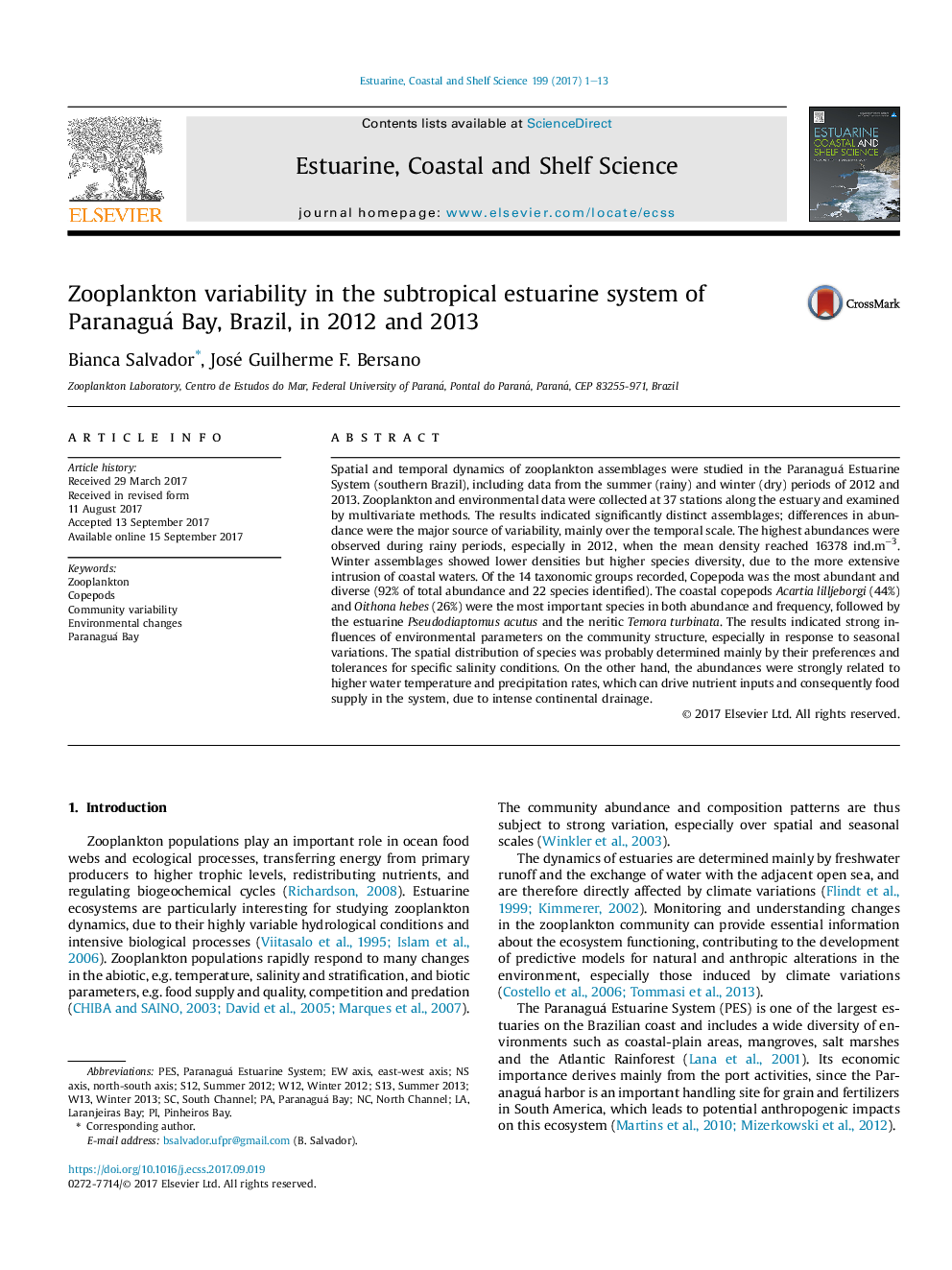 Zooplankton variability in the subtropical estuarine system of Paranaguá Bay, Brazil, in 2012 and 2013