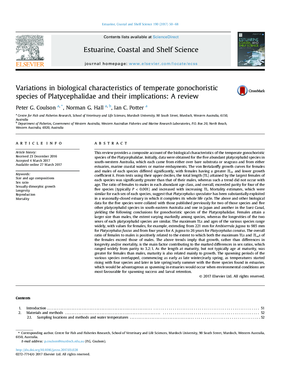 Variations in biological characteristics of temperate gonochoristic species of Platycephalidae and their implications: A review