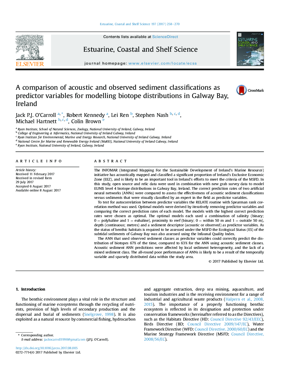 A comparison of acoustic and observed sediment classifications as predictor variables for modelling biotope distributions in Galway Bay, Ireland
