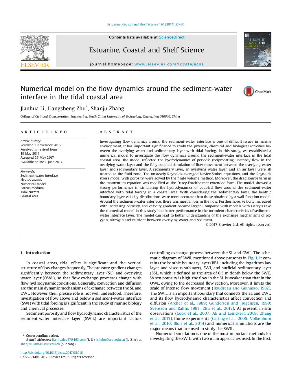 Numerical model on the flow dynamics around the sediment-water interface in the tidal coastal area