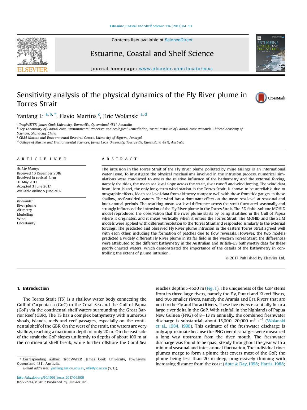 Sensitivity analysis of the physical dynamics of the Fly River plume in Torres Strait