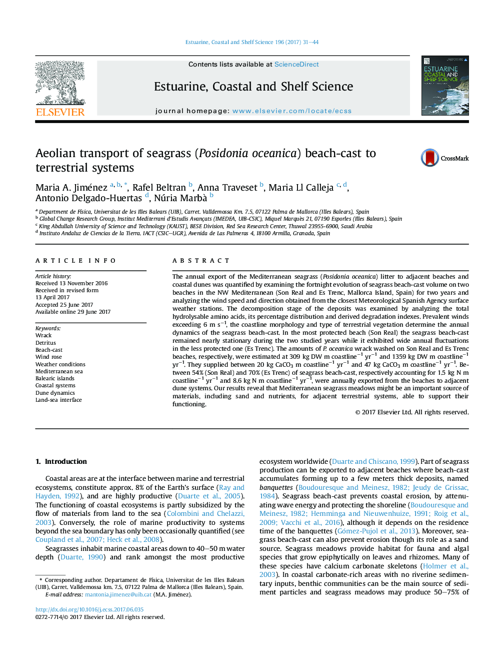 Aeolian transport of seagrass (Posidonia oceanica) beach-cast to terrestrial systems
