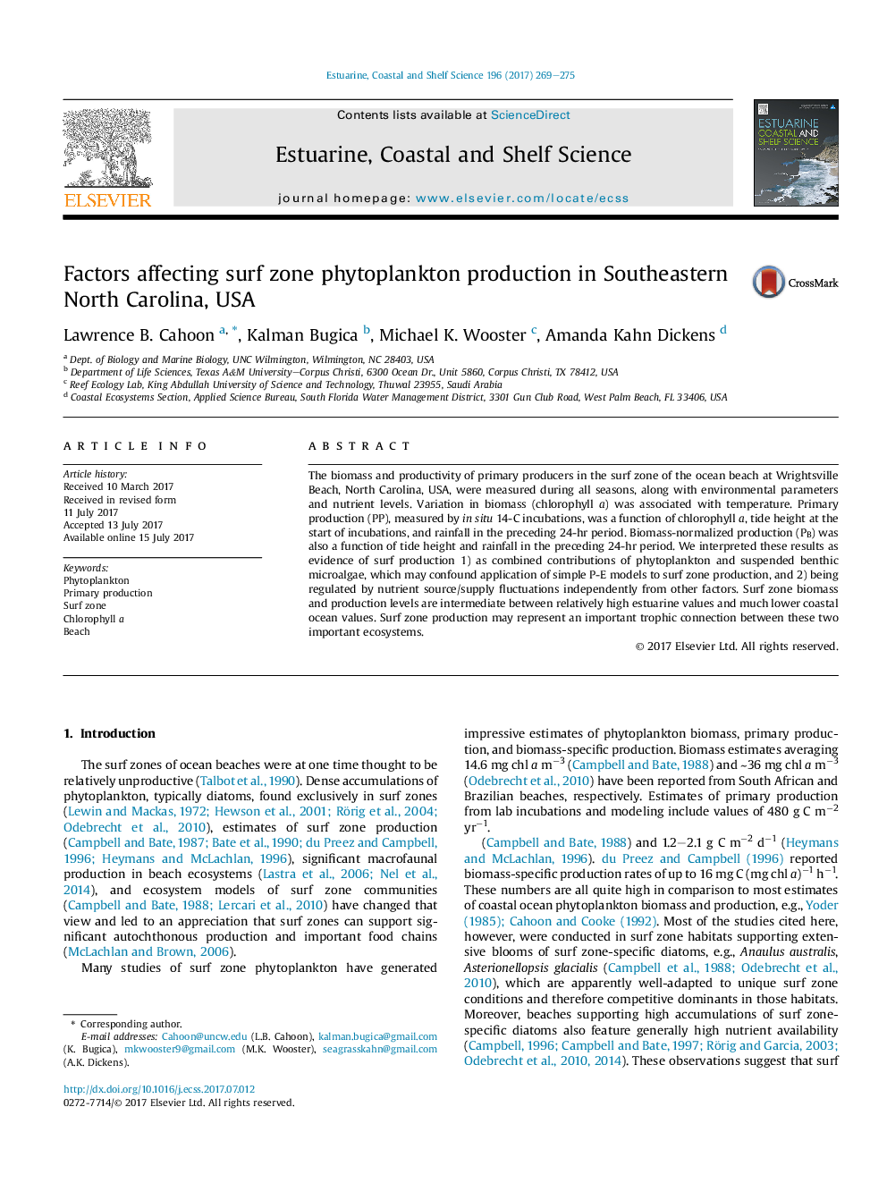 Factors affecting surf zone phytoplankton production in Southeastern North Carolina, USA