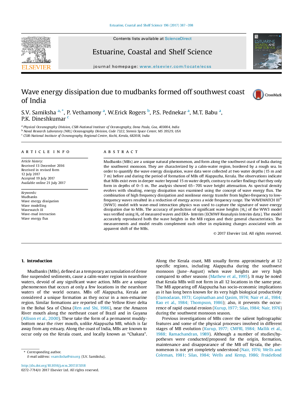 Wave energy dissipation due to mudbanks formed off southwest coast of India