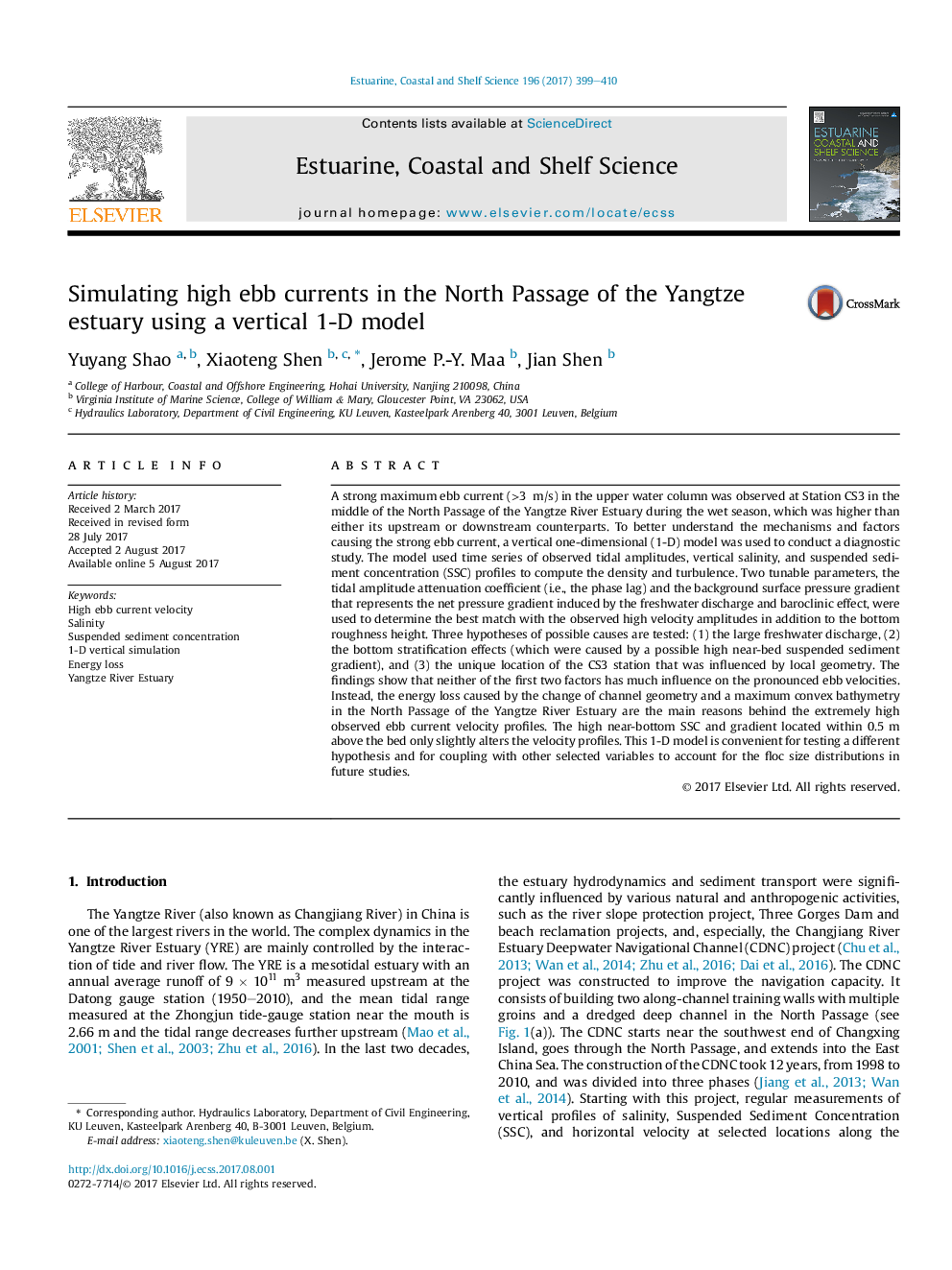 Simulating high ebb currents in the North Passage of the Yangtze estuary using a vertical 1-D model