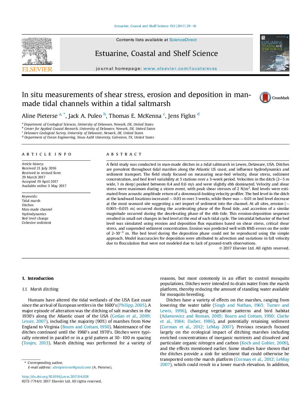 In situ measurements of shear stress, erosion and deposition in man-made tidal channels within a tidal saltmarsh