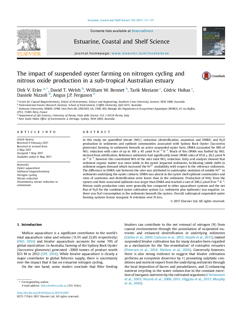 The impact of suspended oyster farming on nitrogen cycling and nitrous oxide production in a sub-tropical Australian estuary