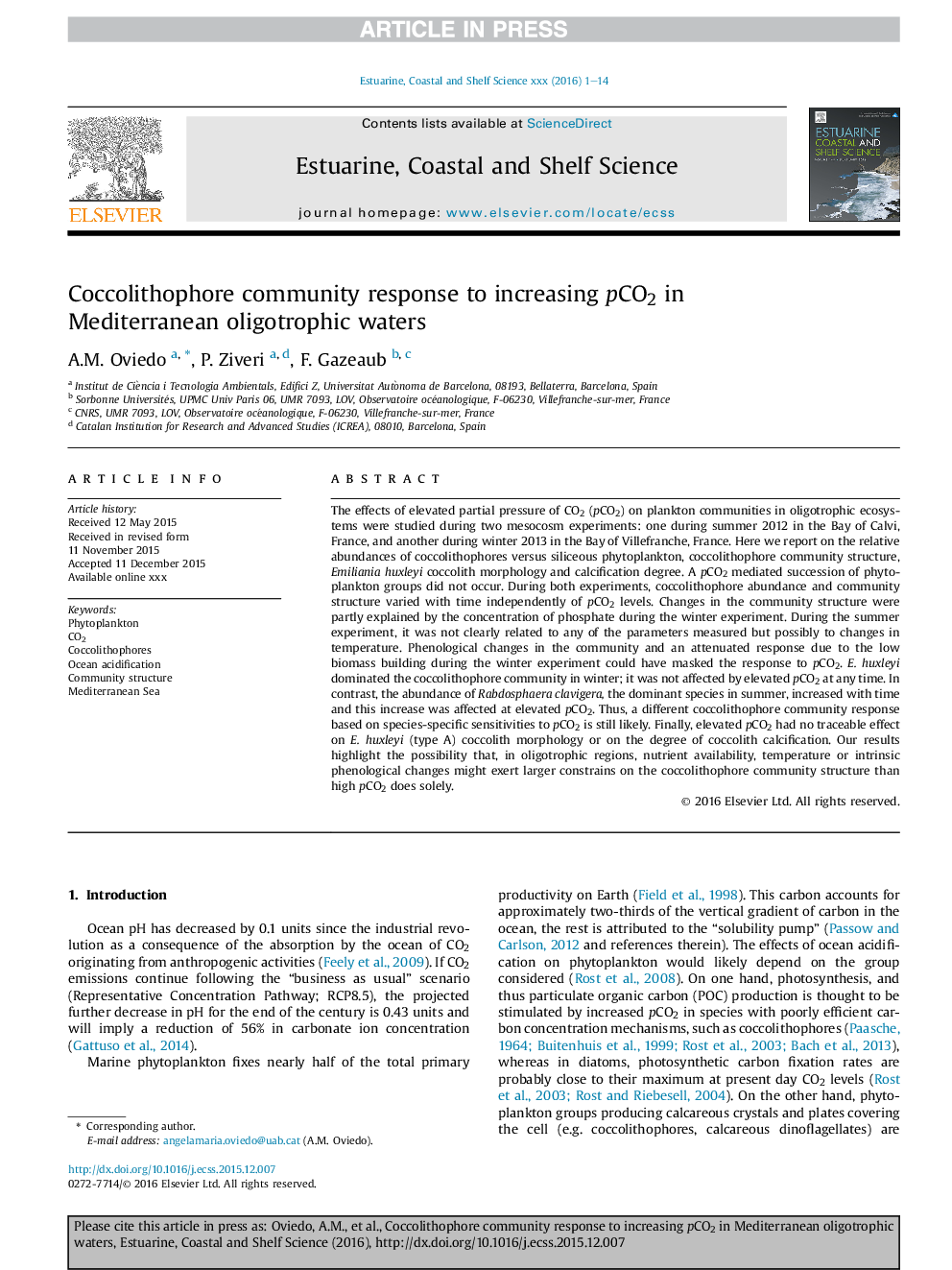 Coccolithophore community response to increasing pCO2 in Mediterranean oligotrophic waters