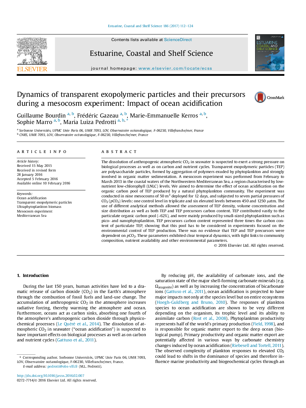 Dynamics of transparent exopolymeric particles and their precursors during a mesocosm experiment: Impact of ocean acidification