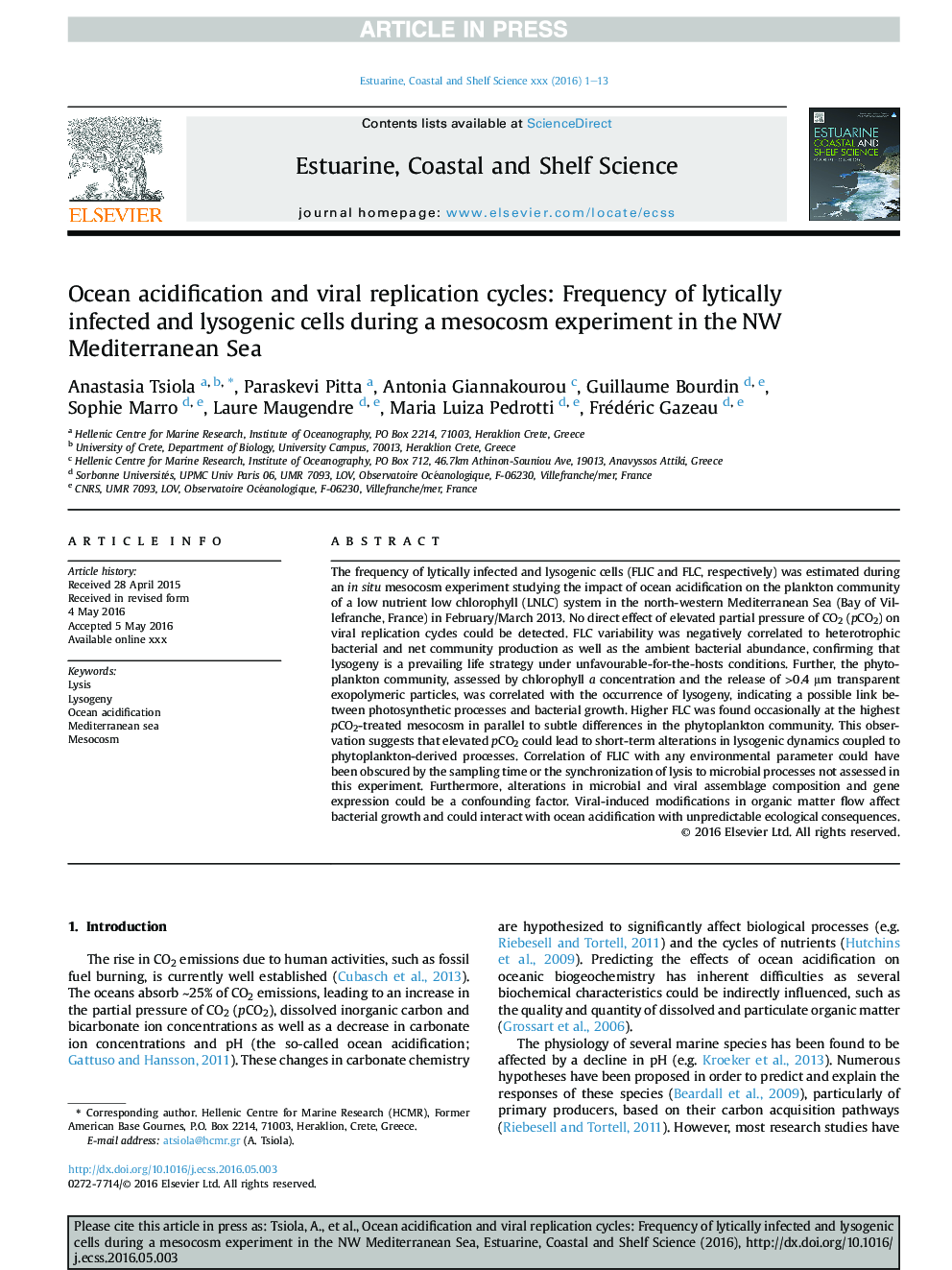 اسیدیته اقیانوس و چرخه های تکرار ویروسی: فراوانی سلول های آلوده و لیزوژنیک در طی آزمایش آزمایشی در دریای مدیترانه شمال غربی 