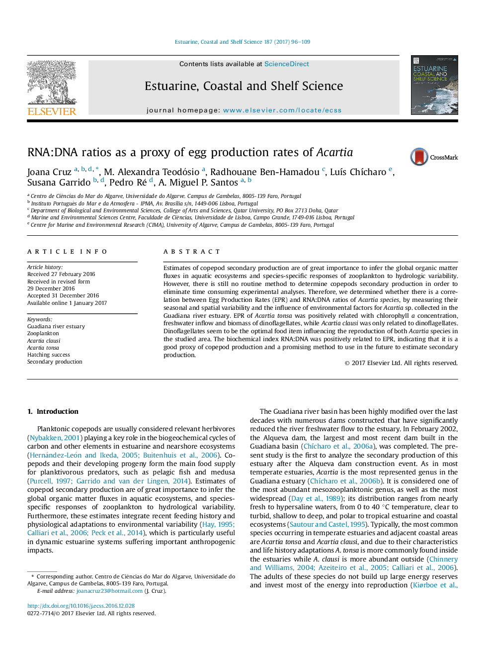 RNA:DNA ratios as a proxy of egg production rates of Acartia