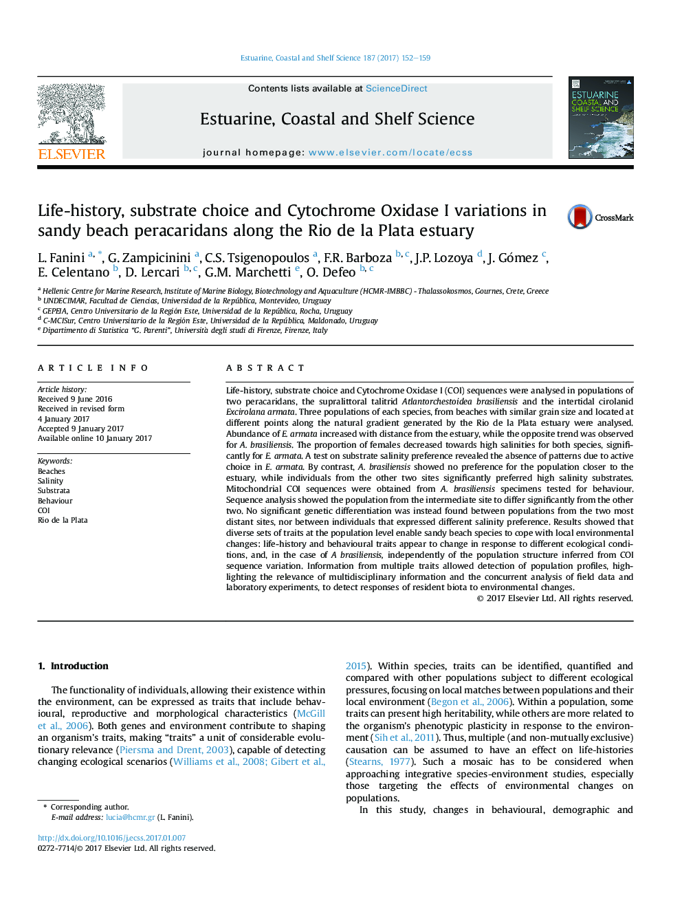 Life-history, substrate choice and Cytochrome Oxidase I variations in sandy beach peracaridans along the Rio de la Plata estuary