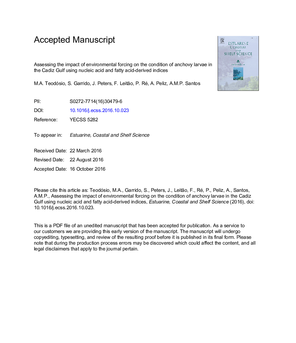 Assessing the impact of environmental forcing on the condition of anchovy larvae in the Cadiz Gulf using nucleic acid and fatty acid-derived indices