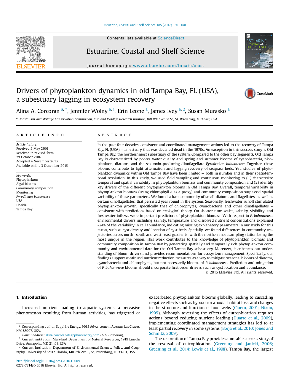 Drivers of phytoplankton dynamics in old Tampa Bay, FL (USA), aÂ subestuary lagging in ecosystem recovery