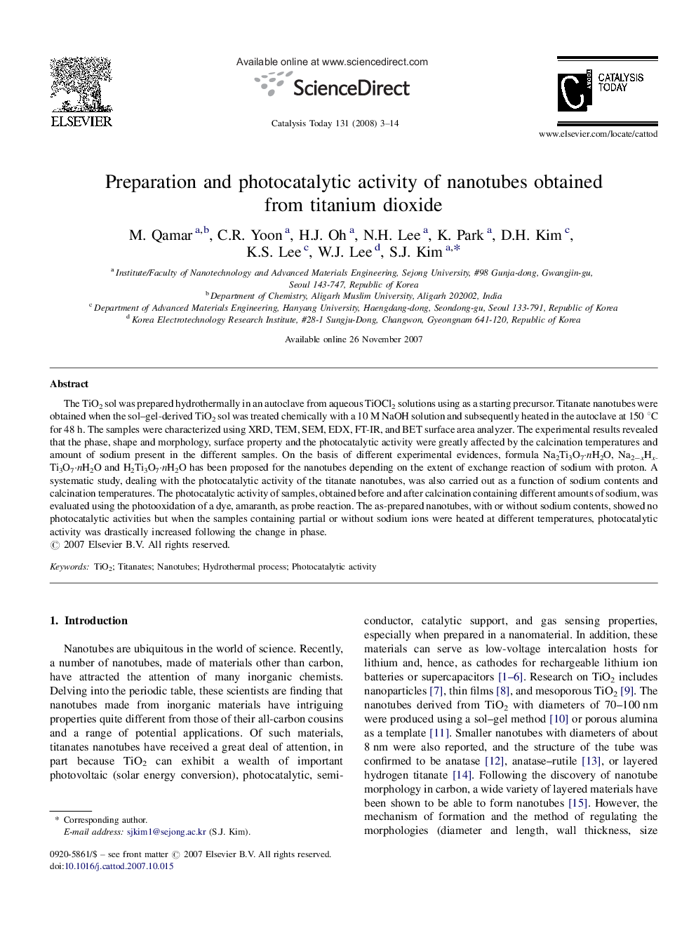 Preparation and photocatalytic activity of nanotubes obtained from titanium dioxide