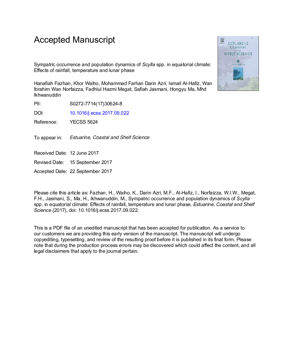 Sympatric occurrence and population dynamics of Scylla spp. in equatorial climate: Effects of rainfall, temperature and lunar phase