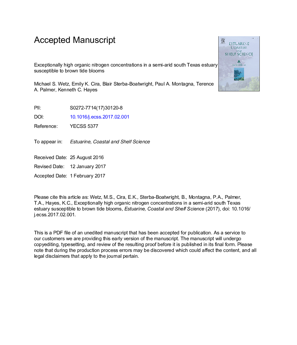 Exceptionally high organic nitrogen concentrations in a semi-arid South Texas estuary susceptible to brown tide blooms