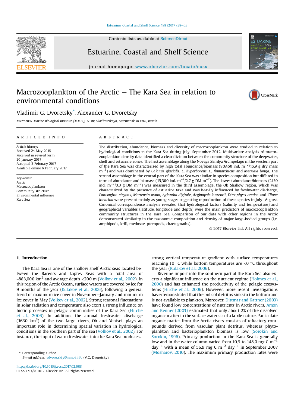 Macrozooplankton of the Arctic - The Kara Sea in relation to environmental conditions