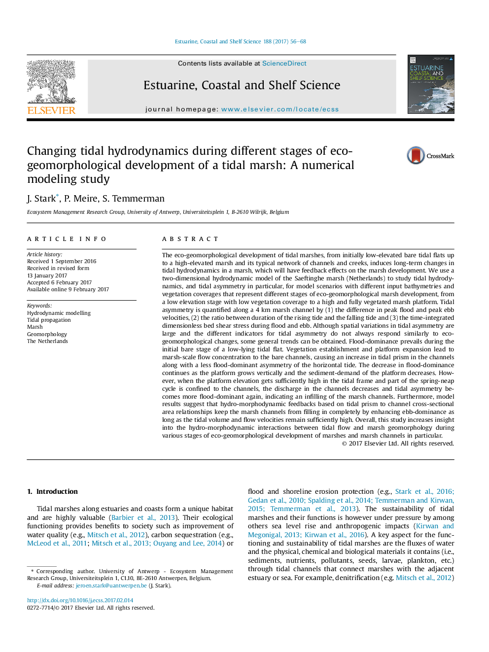 Changing tidal hydrodynamics during different stages of eco-geomorphological development of a tidal marsh: A numerical modeling study