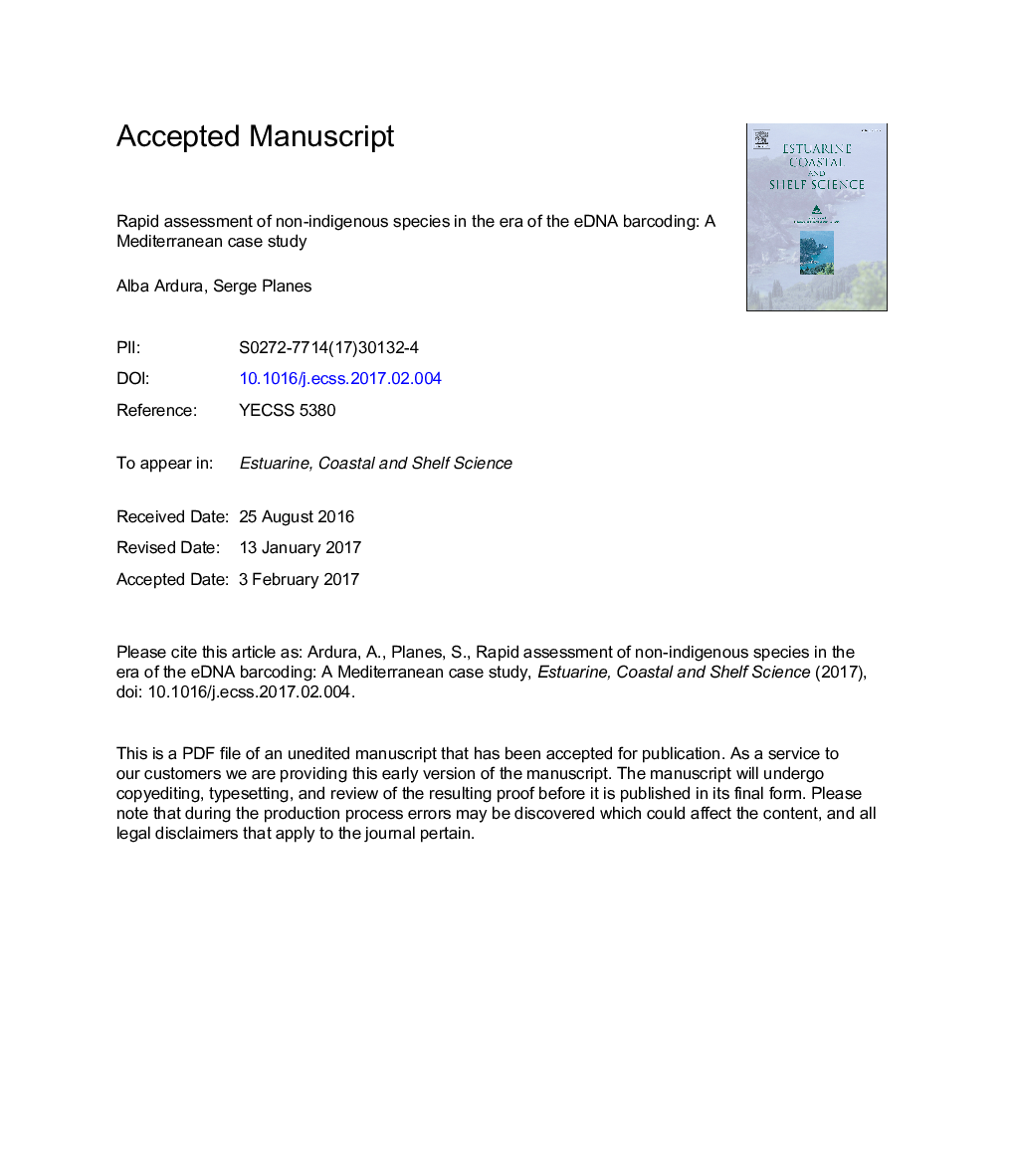 عکس صفحه اول مقاله: Rapid assessment of non-indigenous species in the era of the eDNA barcoding: A Mediterranean case study Rapid assessment of non-indigenous species in the era of the eDNA barcoding: A Mediterranean case study