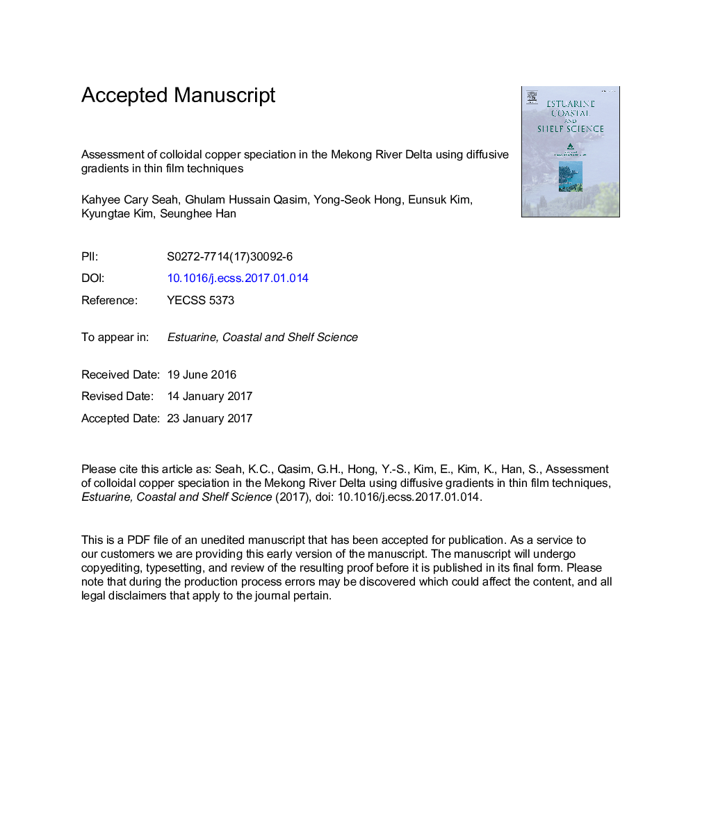 Assessment of colloidal copper speciation in the Mekong River Delta using diffusive gradients in thin film techniques