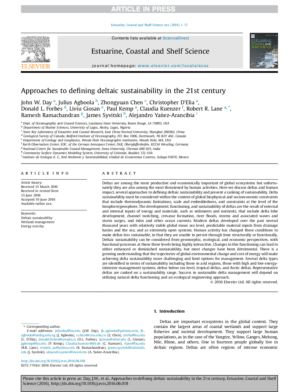 Approaches to defining deltaic sustainability in the 21st century