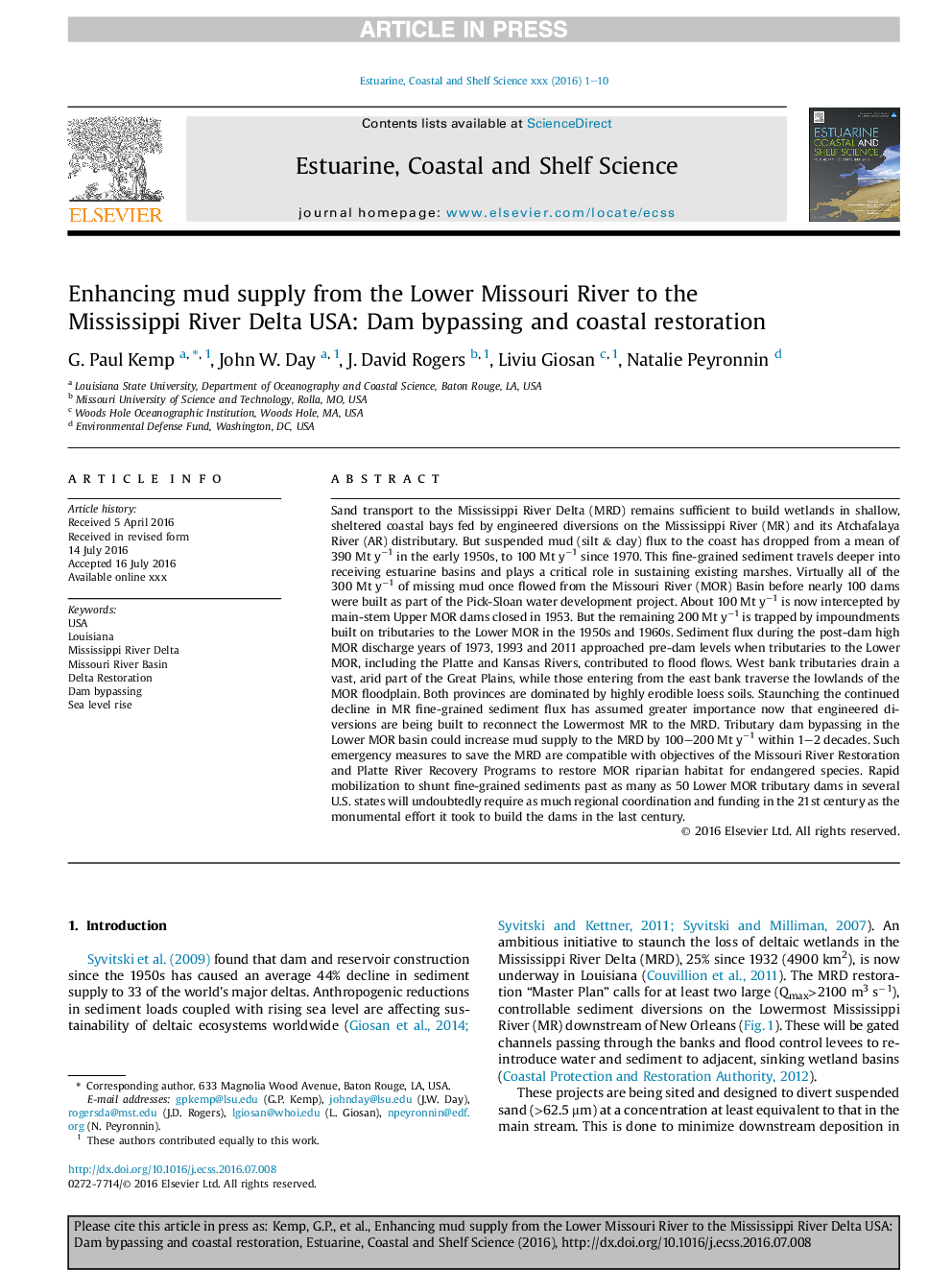 Enhancing mud supply from the Lower Missouri River to the Mississippi River Delta USA: Dam bypassing and coastal restoration