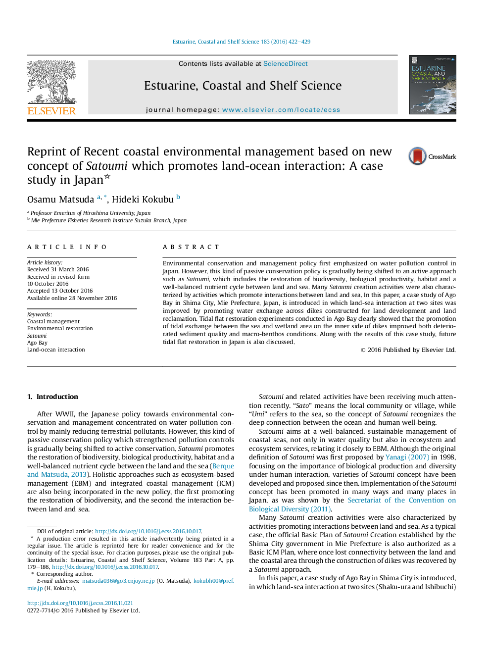 Reprint of Recent coastal environmental management based on new concept of Satoumi which promotes land-ocean interaction: A case study in Japan