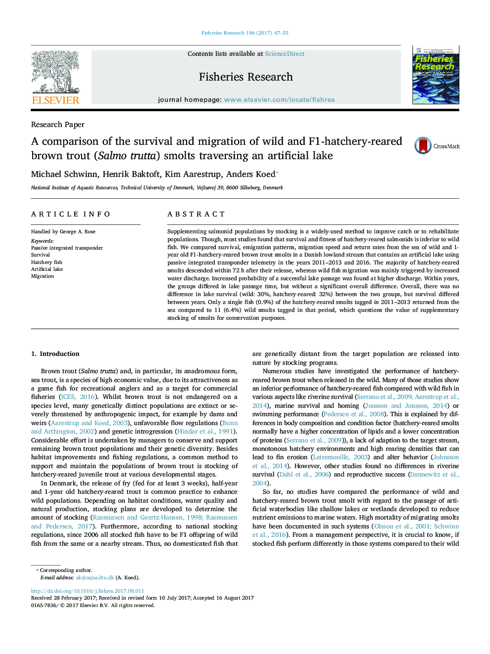 Research PaperA comparison of the survival and migration of wild and F1-hatchery-reared brown trout (Salmo trutta) smolts traversing an artificial lake