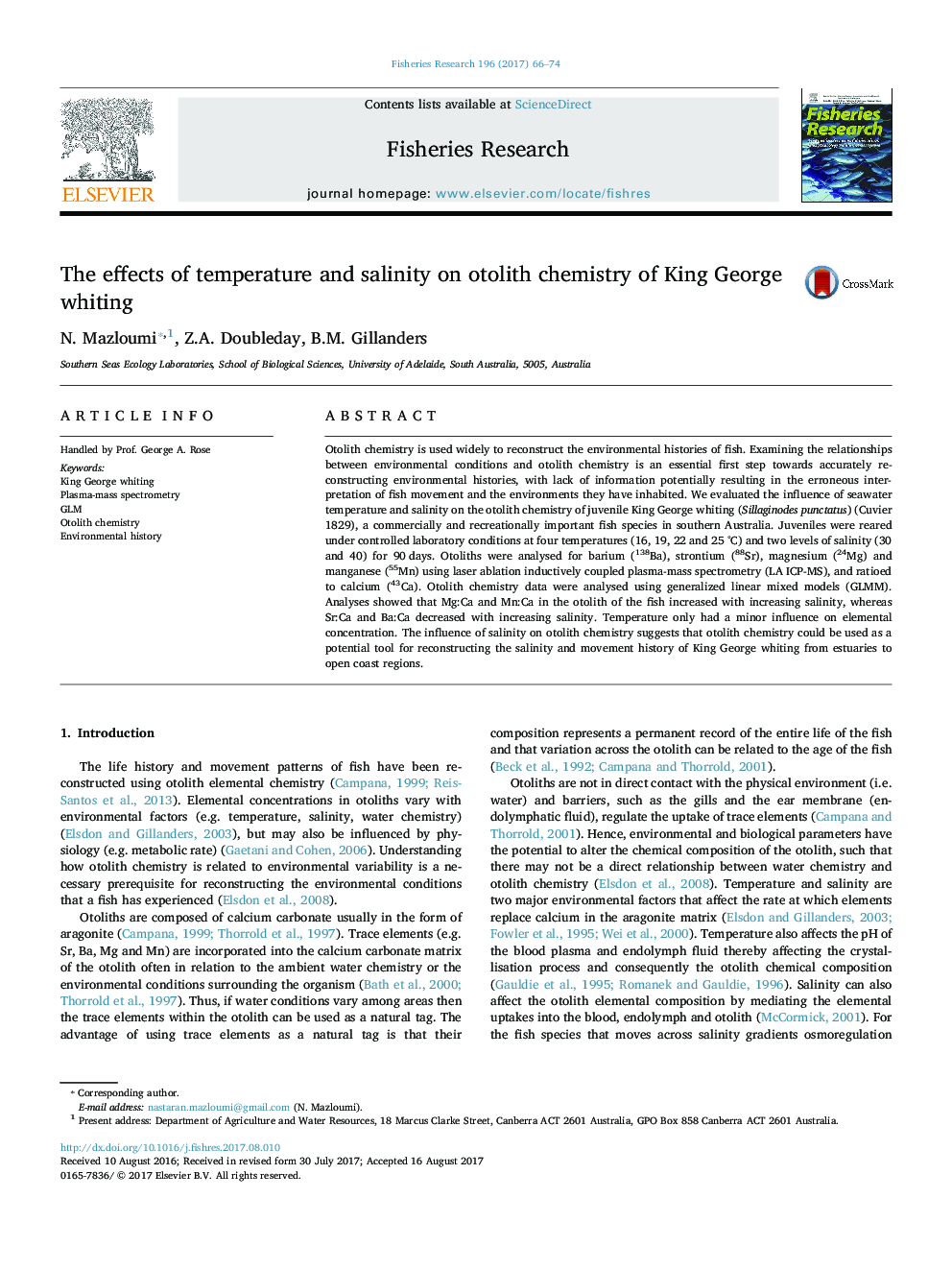 The effects of temperature and salinity on otolith chemistry of King George whiting