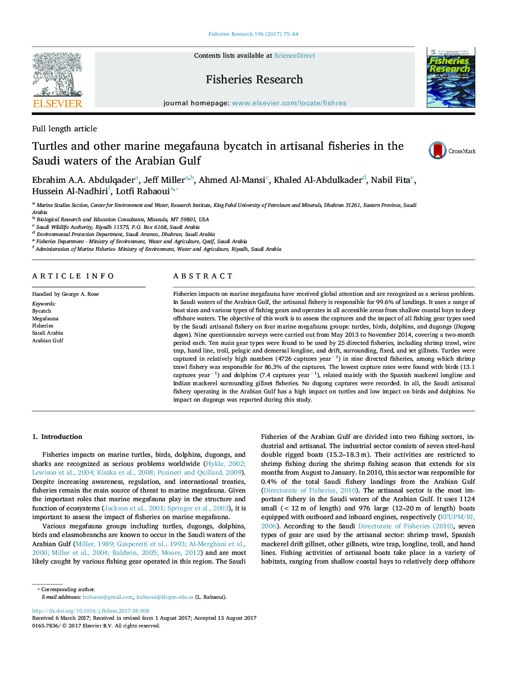 Turtles and other marine megafauna bycatch in artisanal fisheries in the Saudi waters of the Arabian Gulf