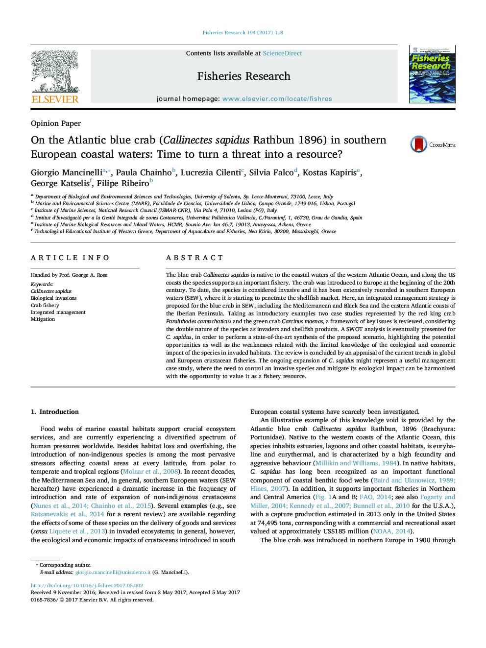 On the Atlantic blue crab (Callinectes sapidus Rathbun 1896) in southern European coastal waters: Time to turn a threat into a resource?