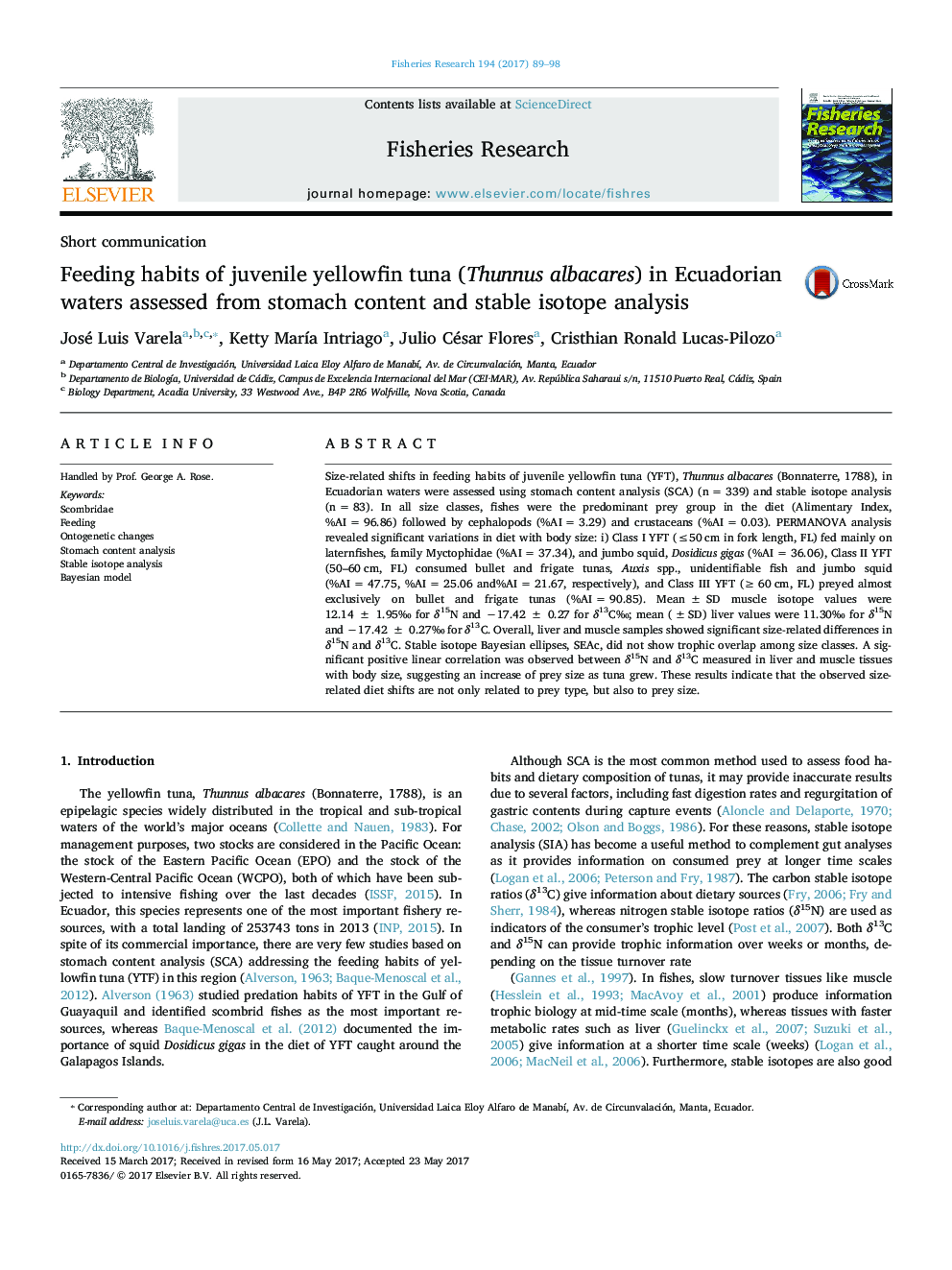 Feeding habits of juvenile yellowfin tuna (Thunnus albacares) in Ecuadorian waters assessed from stomach content and stable isotope analysis