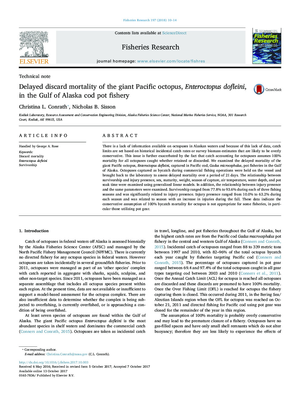 Technical noteDelayed discard mortality of the giant Pacific octopus, Enteroctopus dofleini, in the Gulf of Alaska cod pot fishery