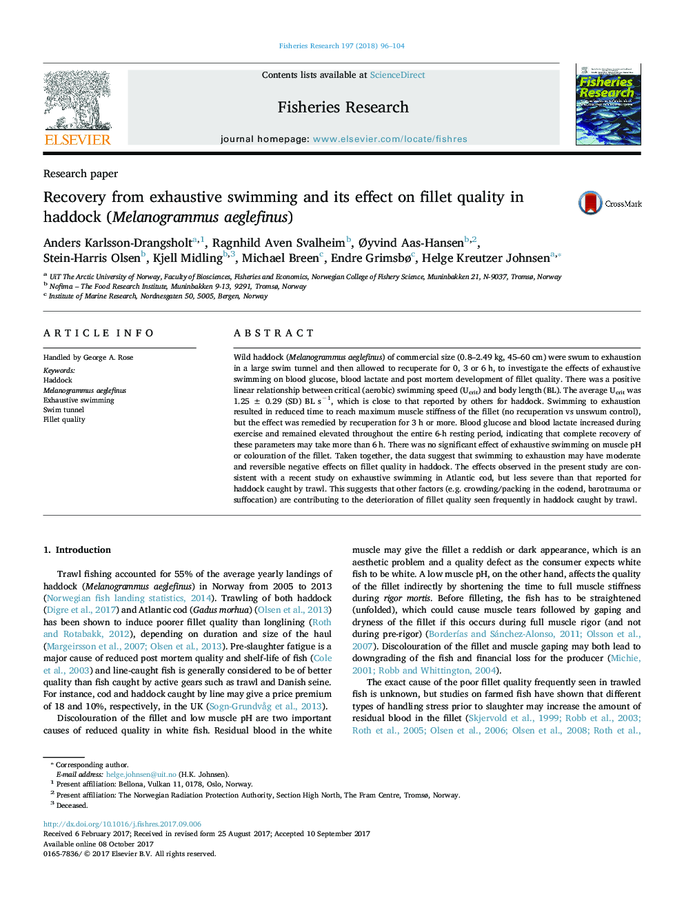 Research paperRecovery from exhaustive swimming and its effect on fillet quality in haddock (Melanogrammus aeglefinus)