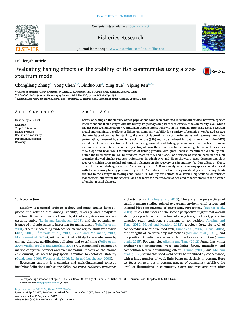 Full length articleEvaluating fishing effects on the stability of fish communities using a size-spectrum model