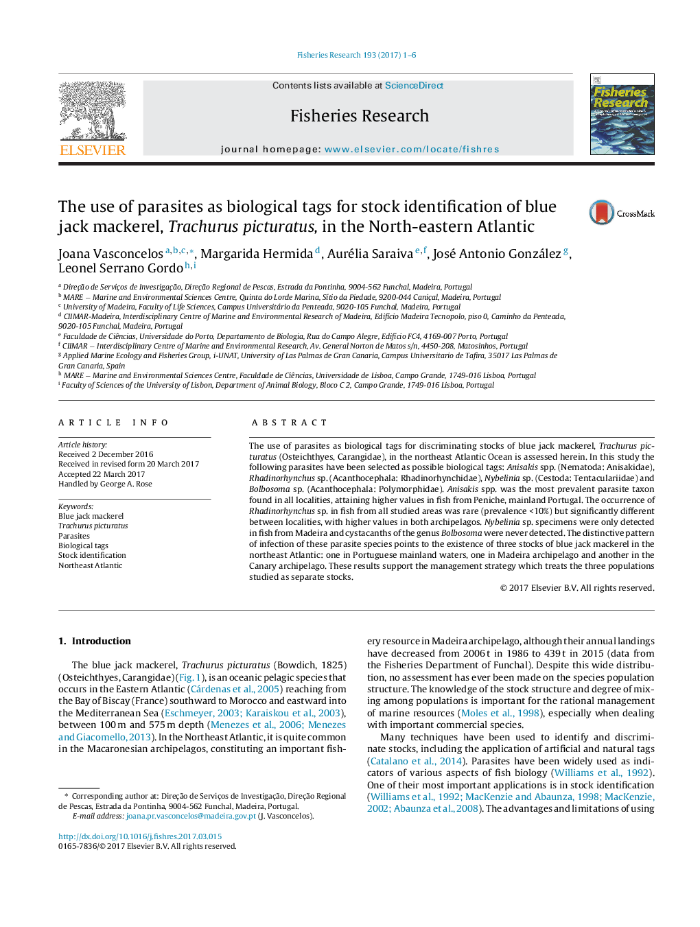 The use of parasites as biological tags for stock identification of blue jack mackerel, Trachurus picturatus, in the North-eastern Atlantic