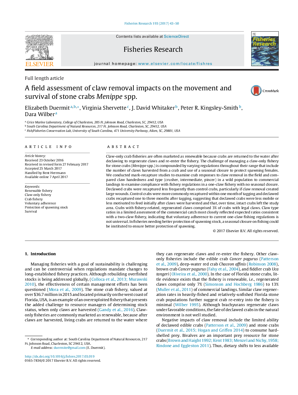 Full length articleA field assessment of claw removal impacts on the movement and survival of stone crabs Menippe spp.