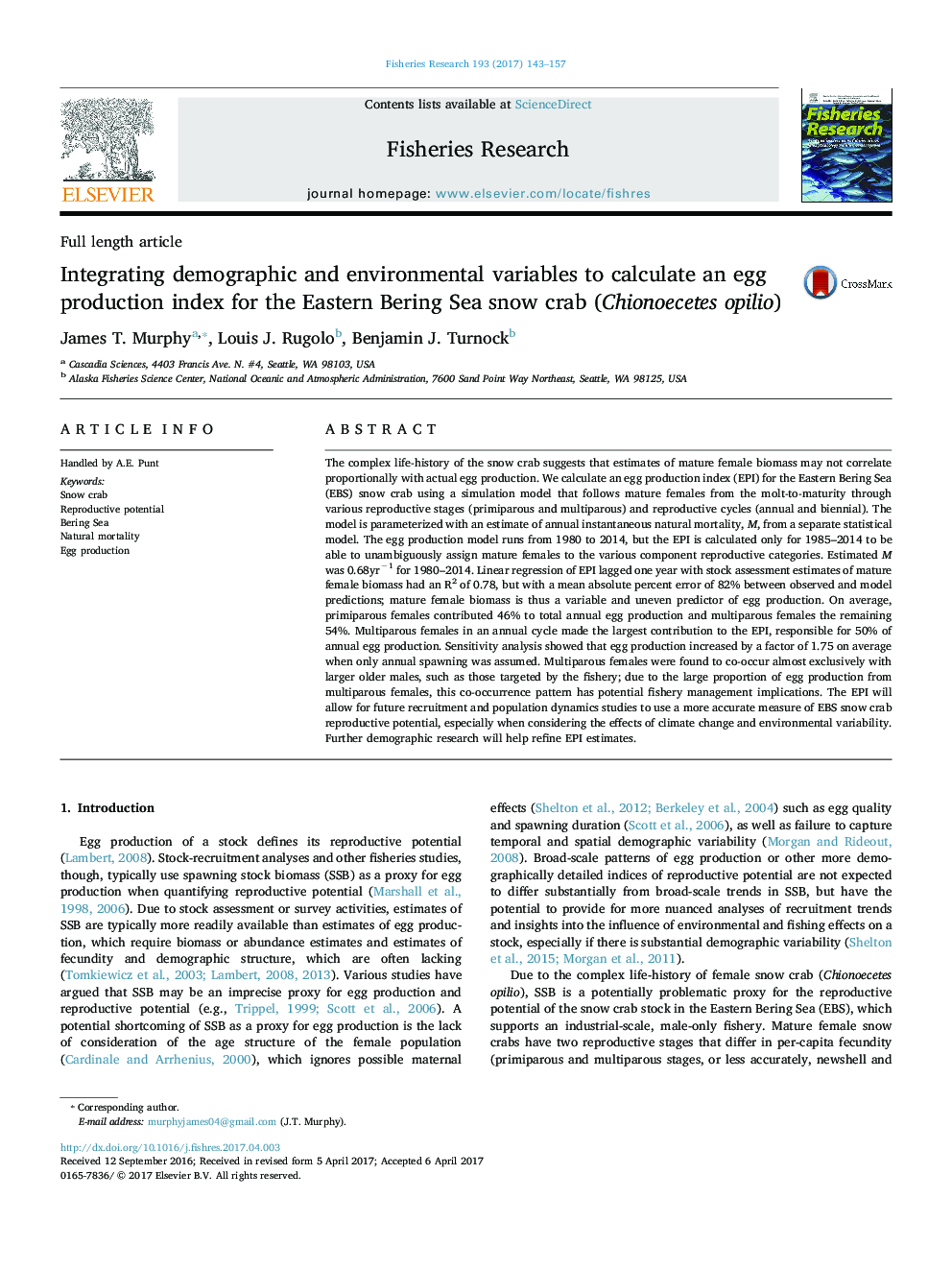 Integrating demographic and environmental variables to calculate an egg production index for the Eastern Bering Sea snow crab (Chionoecetes opilio)