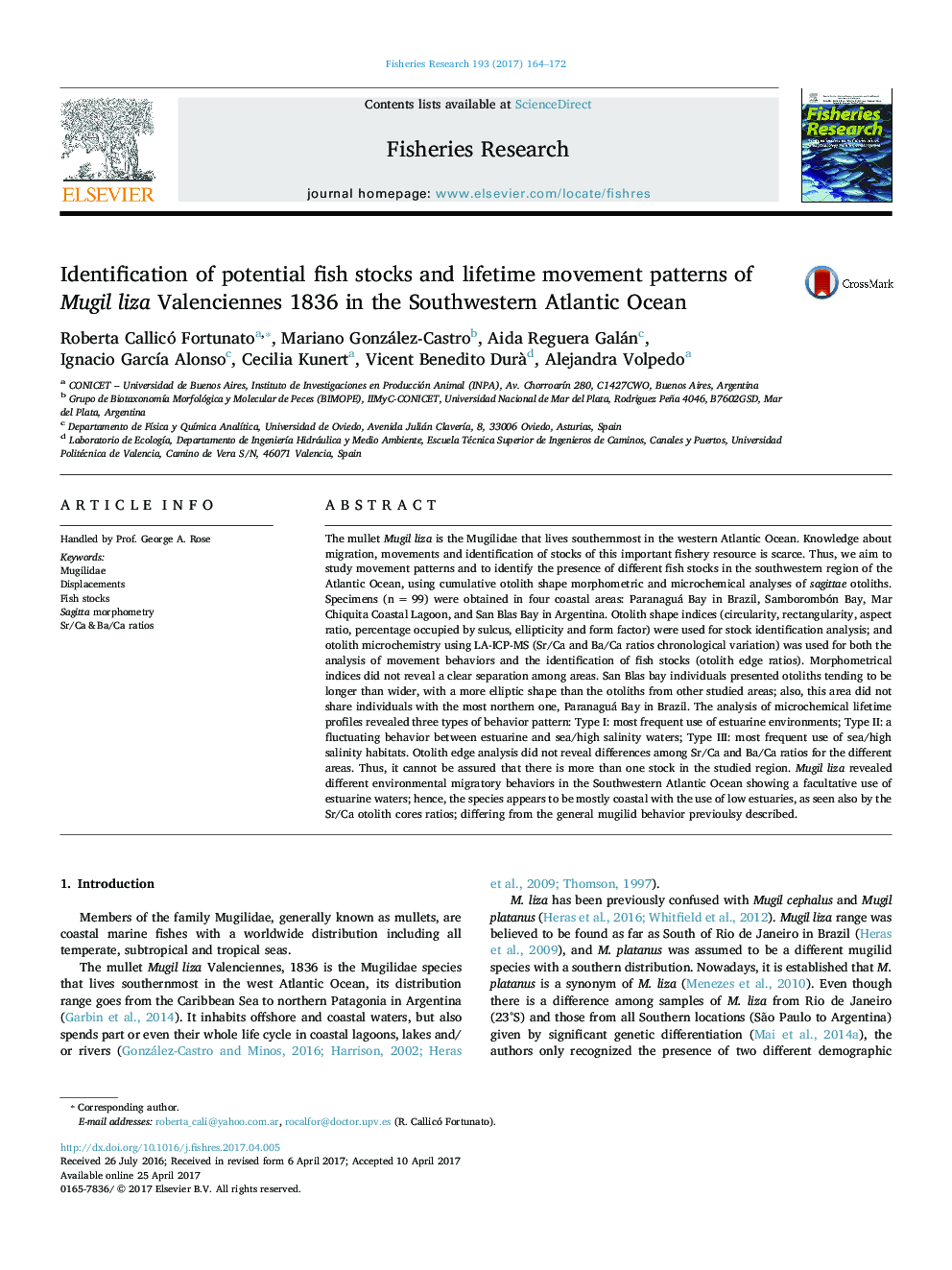 Identification of potential fish stocks and lifetime movement patterns of Mugil liza Valenciennes 1836 in the Southwestern Atlantic Ocean