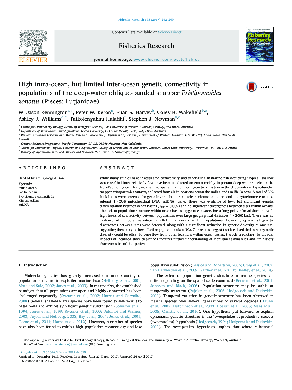 High intra-ocean, but limited inter-ocean genetic connectivity in populations of the deep-water oblique-banded snapper Pristipomoides zonatus (Pisces: Lutjanidae)