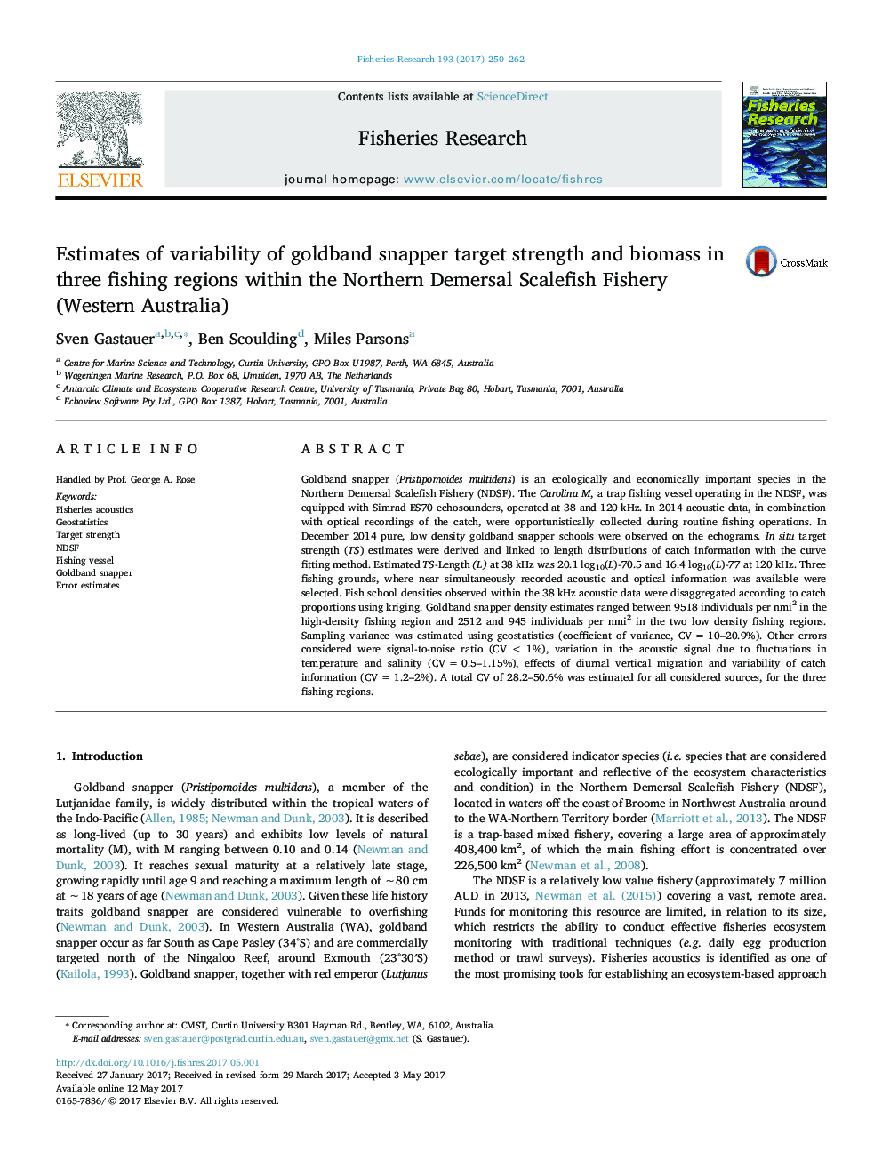 Estimates of variability of goldband snapper target strength and biomass in three fishing regions within the Northern Demersal Scalefish Fishery (Western Australia)