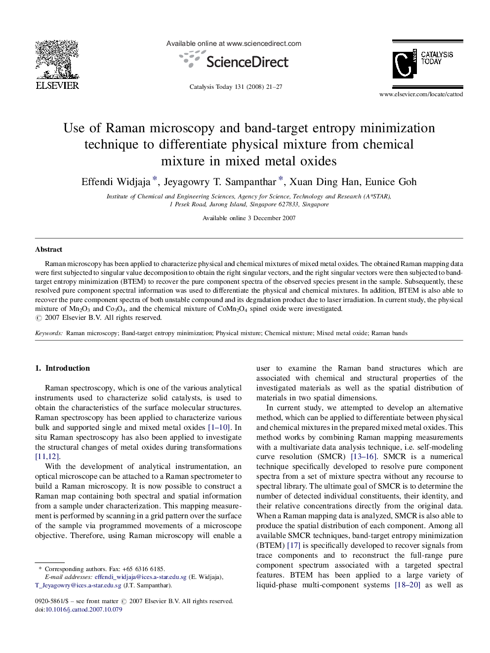Use of Raman microscopy and band-target entropy minimization technique to differentiate physical mixture from chemical mixture in mixed metal oxides