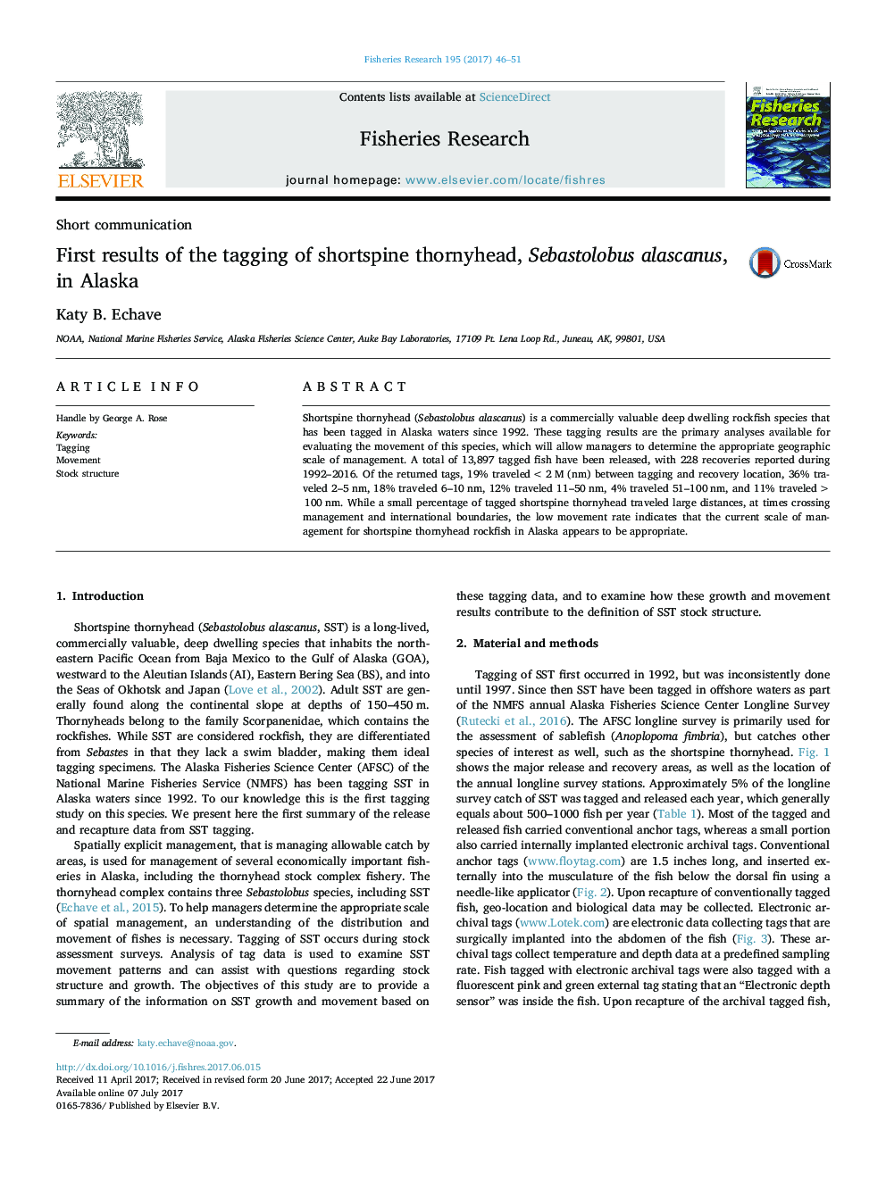 Short communicationFirst results of the tagging of shortspine thornyhead, Sebastolobus alascanus, in Alaska