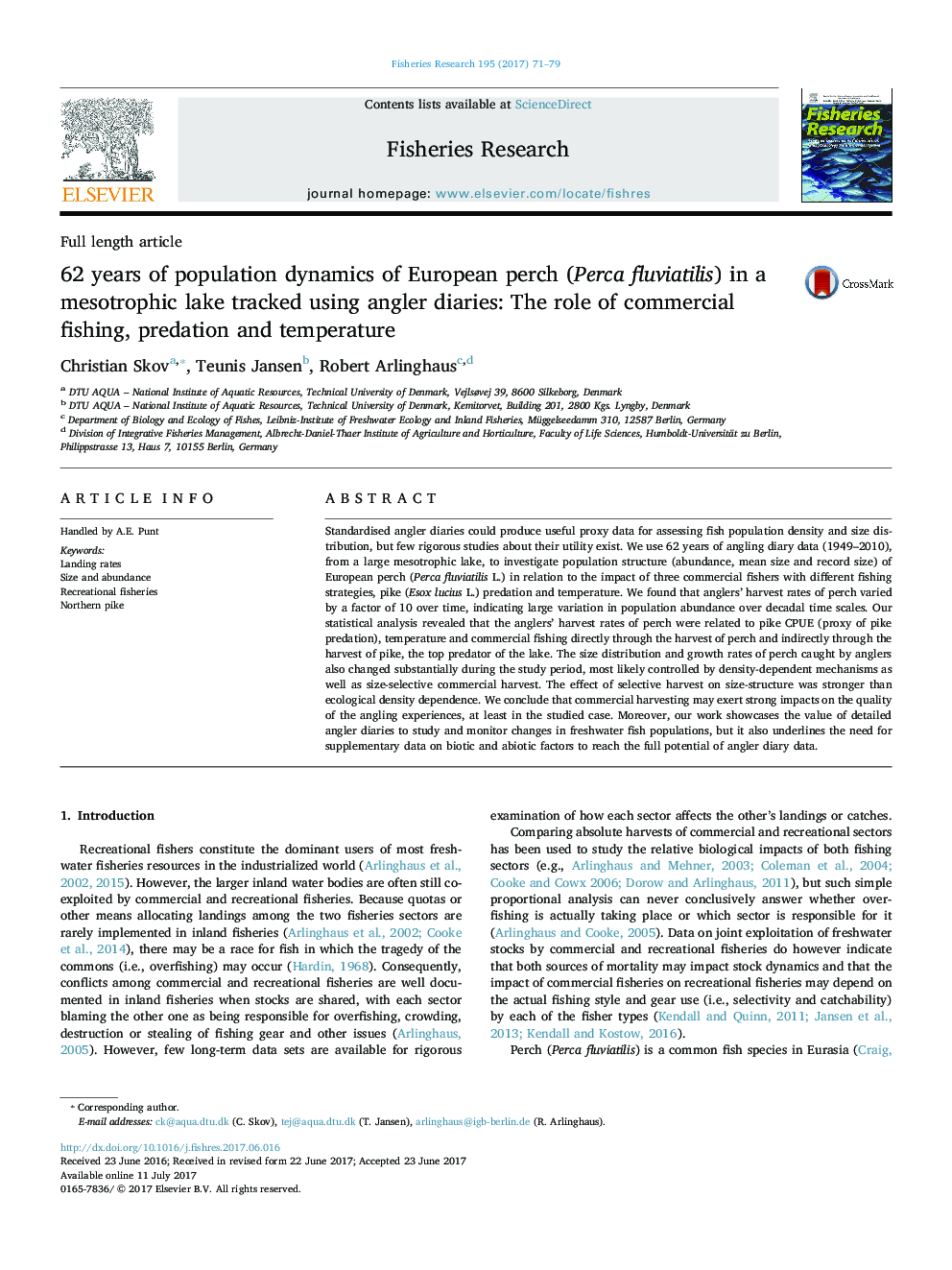 Full length article62 years of population dynamics of European perch (Perca fluviatilis) in a mesotrophic lake tracked using angler diaries: The role of commercial fishing, predation and temperature