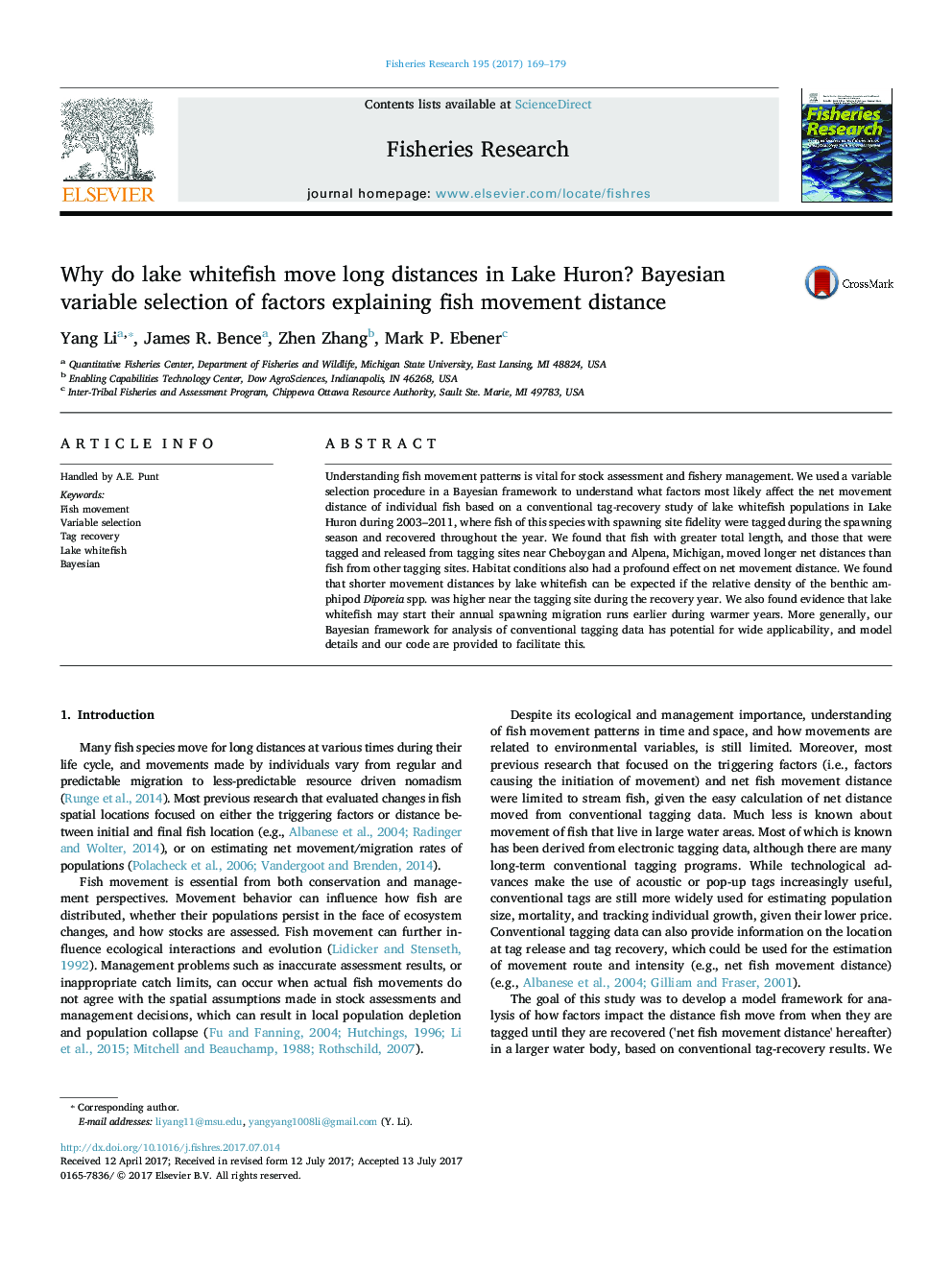 Why do lake whitefish move long distances in Lake Huron? Bayesian variable selection of factors explaining fish movement distance