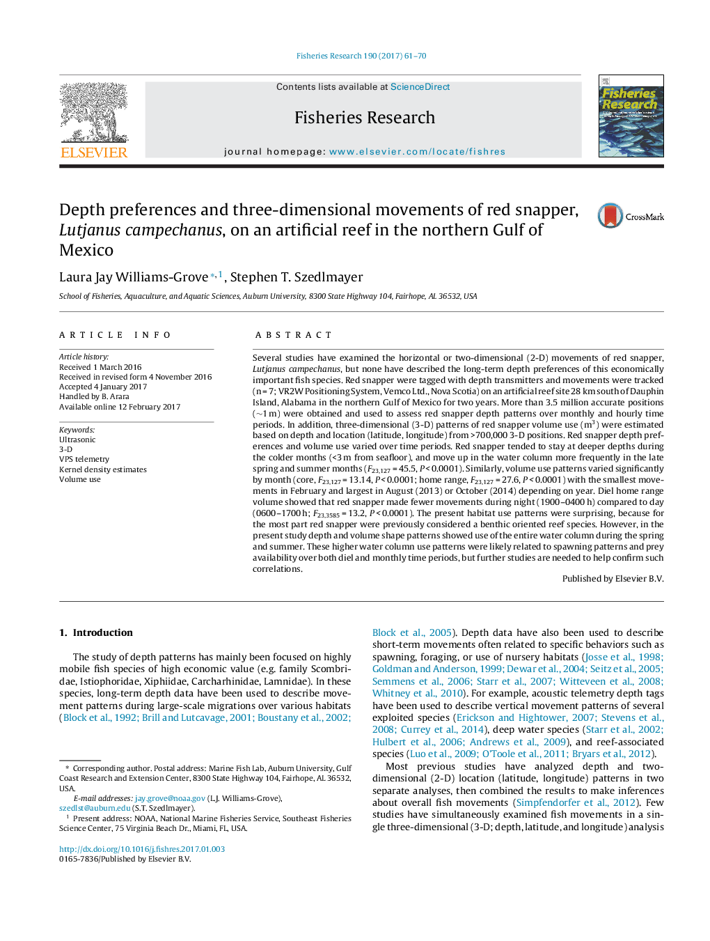 Depth preferences and three-dimensional movements of red snapper, Lutjanus campechanus, on an artificial reef in the northern Gulf of Mexico