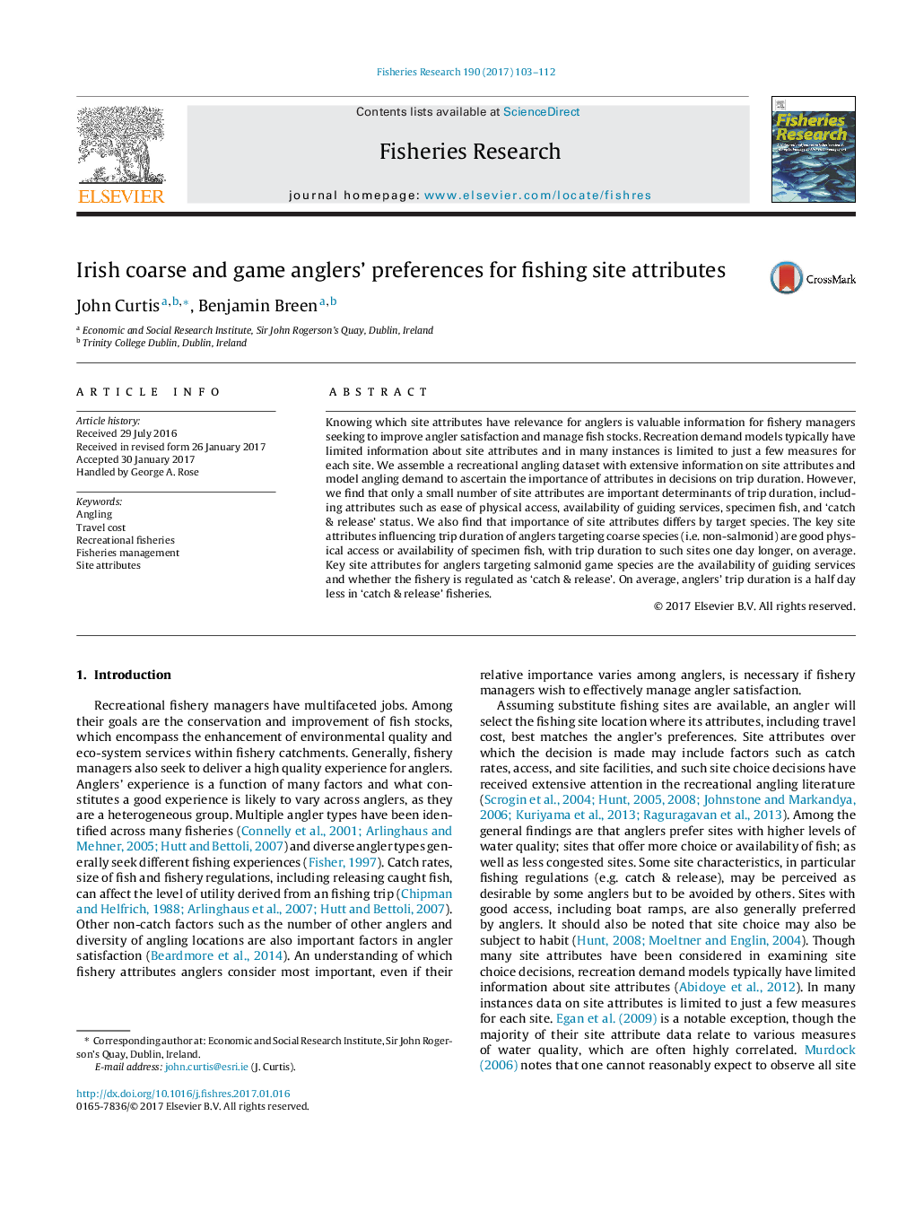 Irish coarse and game anglers' preferences for fishing site attributes