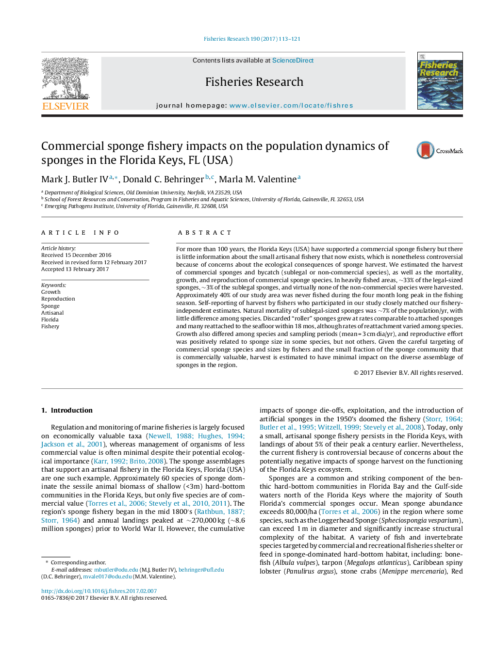 Commercial sponge fishery impacts on the population dynamics of sponges in the Florida Keys, FL (USA)