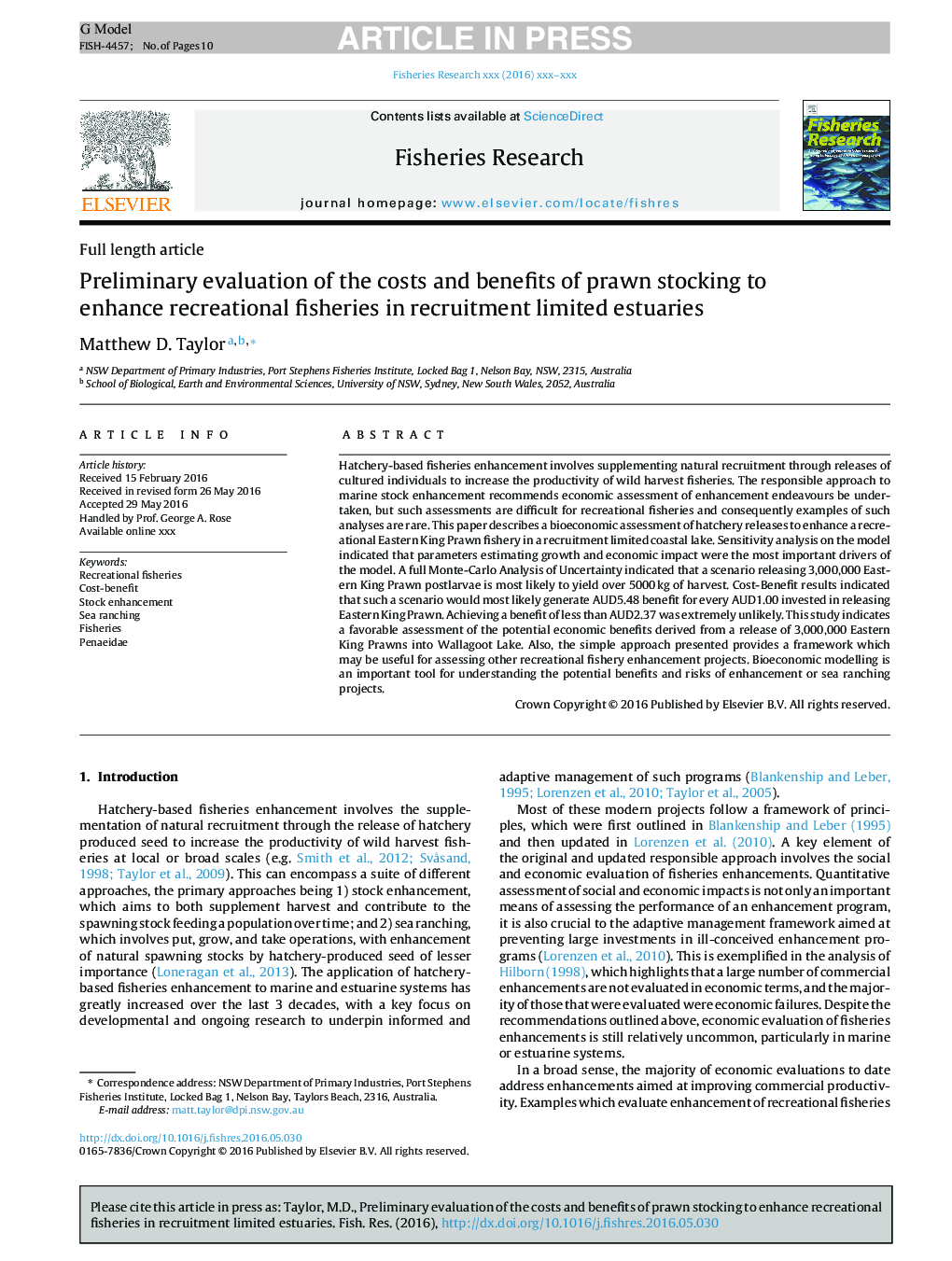 Preliminary evaluation of the costs and benefits of prawn stocking to enhance recreational fisheries in recruitment limited estuaries